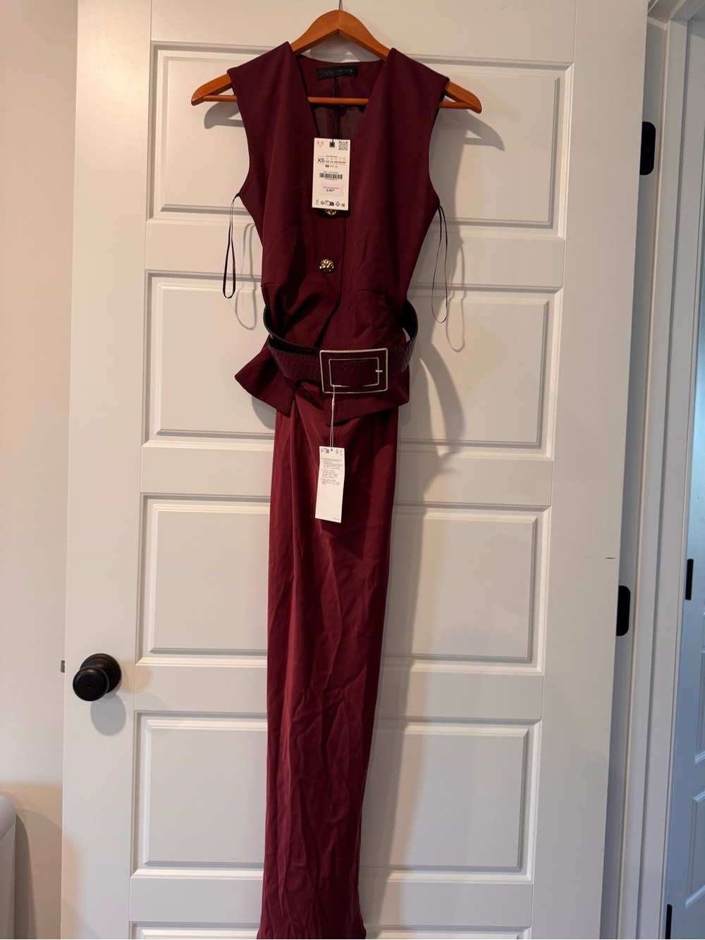 Zara Sleeveless Wine Red Jumpsuit with Statement Belt